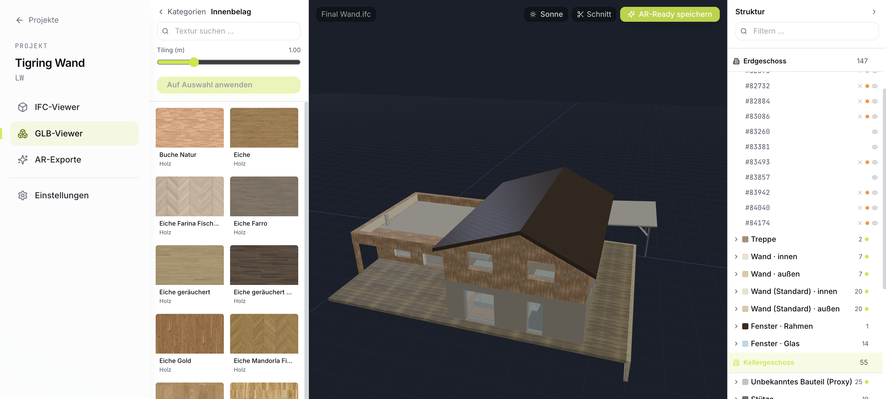 GLB-Viewer mit Textur-Library und texturiertem Gebäude