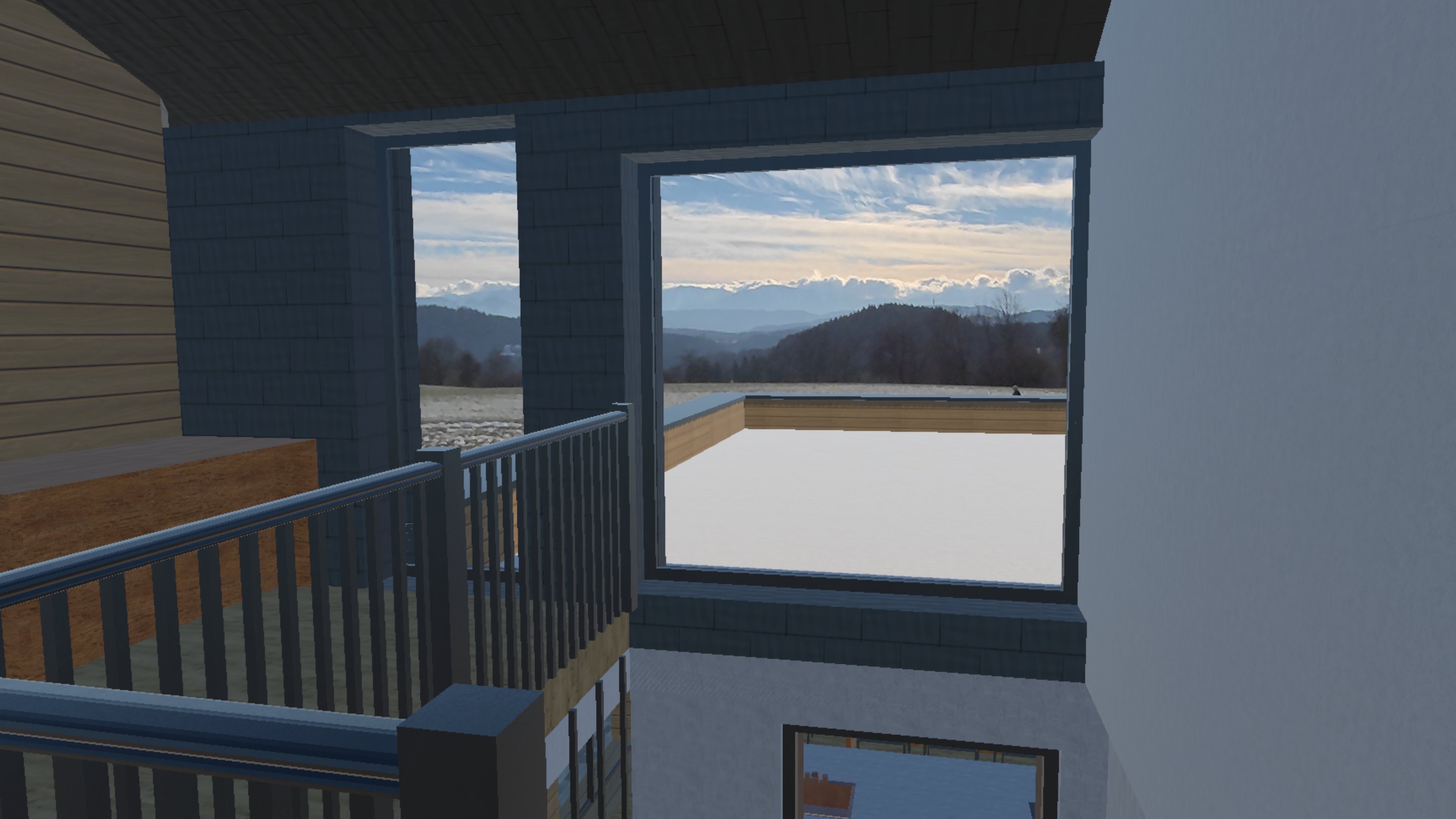 Galerie im Obergeschoss mit großem Fenster und Weitblick